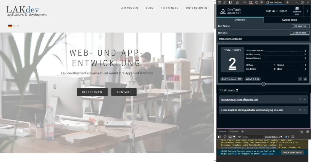 Prüfung der Barrierefreiheit von lakdev.de mit Axe DevTools